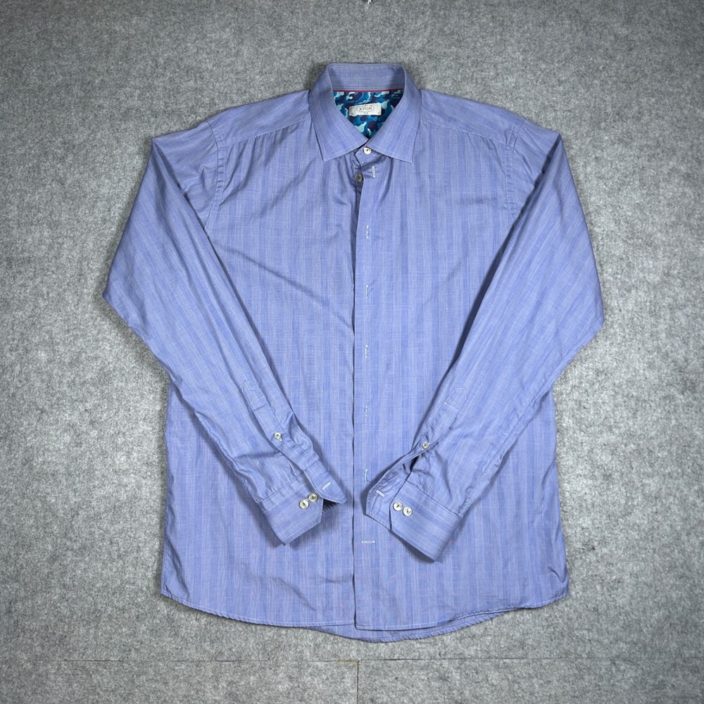 Eton button down Shirt Mens 17 Slim Blue striped Long Sleeve Dress Luxury